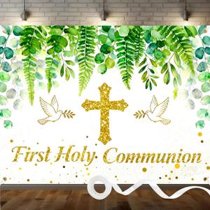 Greenery First Holy Communion Backdrop 8x6ft Polyester God Bless Baptism Photo Banner for Boys Girls Newborn Christening Confirmation Backdrop with Ribbon