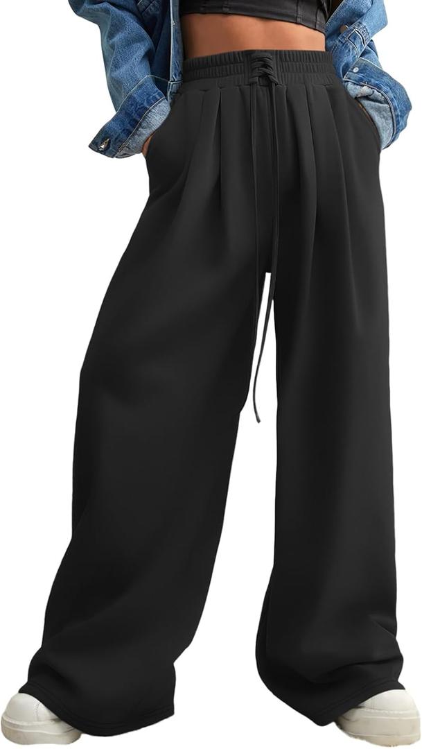 Aleumdr Wide Leg Sweatpants for Women Trendy Fashion High Waisted Drawstring Loose Long Pants with Pockets (Black)