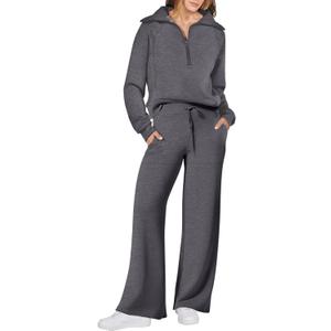 ANRABESS Women 2 Piece Outfits 2025 Fall Fashion Airport Wide Leg Pants Lounge Set Leisure Travel Vacation Clothes Sweatsuits (Small, Dark Grey)