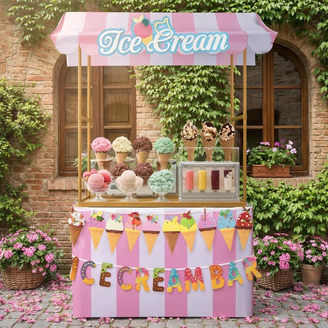 Tioncy 6 Pcs Ice Cream Bar Stand Kits Ice Cream Sundae Bar Supplies Party Decor (Without Table) Include Shelf Banner Roof Pennant Table Skirt for Photo Props Outdoor Party Decor (Desk Is Not Included)