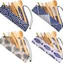 Boao 4 Sets Bamboo Utensils Wooden Utensils Set Japanese Style Reusable Cutlery Travel Chopsticks Fork Spoon Straw Portable Utensil Case for Travel Hiking Picnic Camping Cooking Kitchen(Chic Style)