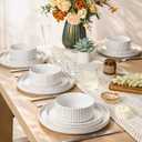 GBHOME Stoneware Dinnerware Sets for 4, 12 Pieces Lightweight Ceramic Ribbed Plates and Bowls Set, Reactive Glaze Stackable Plate Sets, Scratch Resistant Dishes, Microwave & Dishwasher Safe,White