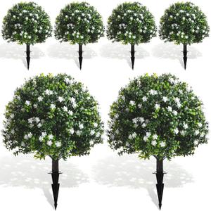 Yunlly 6 Pcs Artificial Flowers Fake Boxwood Topiary Ball Tree 27 Inch Outdoor Faux Bush Balls, Realistic UV Resistance Fake Shrub Plant with Spike for Garden Porch Patio Indoor Decor (White)