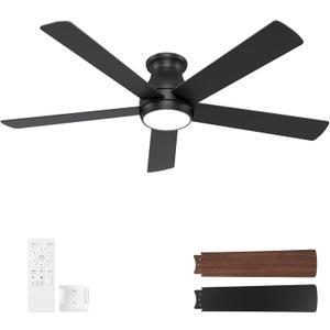 POCHFAN 60 Inch Black Ceiling Fans with Lights and Remote, LED Low Profile Flush Mount Ceiling Fan for Bedroom, Living Room, Quiet DC Motor, Dimmable 6 Speeds
