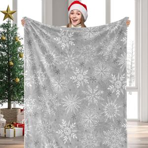 JarThenaAMCS Winter Fuzzy Blanket 60 x 50 Inch Christmas Grey White Snowflake Throw Blanket for Holiday Home Chair Sofa Couch Bed