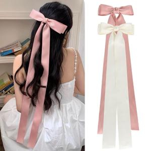 NAISIER 21 inch Silky Satin Hair Accessories: Large Ribbon Bows, Ponytail Holders, Silk Bowknots, and Metal Barrettes in Pink & White