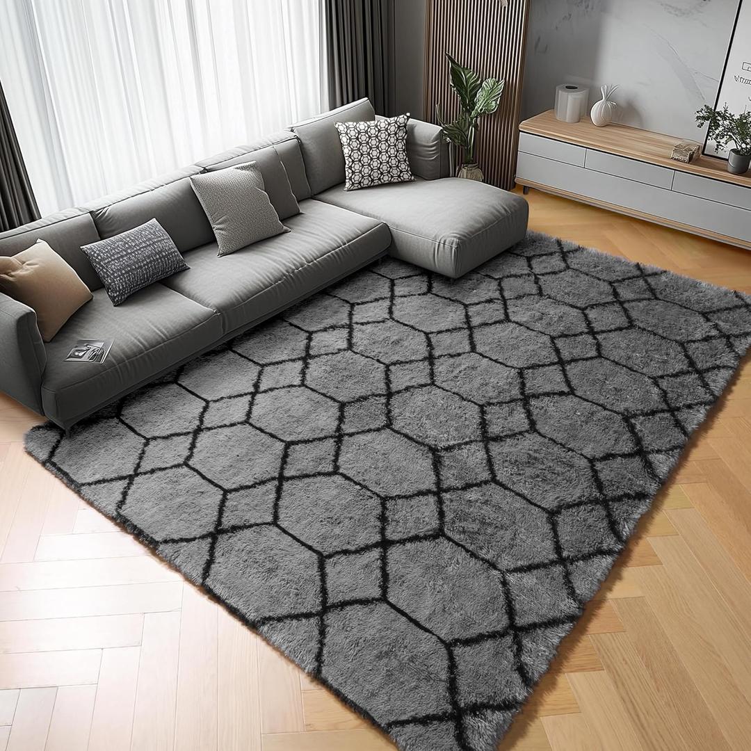 ONASAR Rugs for Living Room, Fluffy Soft 5x8 Grey and Black Geometric Area Rug for Bedroom, Shaggy Fuzzy Plush Moroccan Floor Carpet for Kids Boys Girls Teen Nursery Dorm Office Home Decor Aesthetic