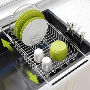 Expandable Stainless Steel Dish Drying Rack Over The Sink For Small Kitchen, Counter Space Saving Compact Metal Plate Drainer Strainer, Adjustable Hanging Inside Sink Rust Proof Wire Dryer Holder