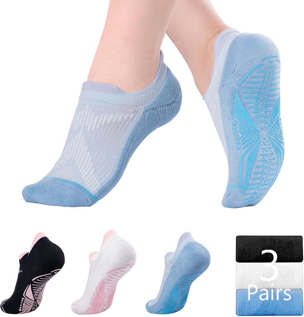 BRISIRA Pilates Socks with Grips Women Non Slip Grippy Yoga Socks Coolmax Bamboo Viscose Compression Barre Hospital Barefoot (8-10, Blakc + White + Blue)