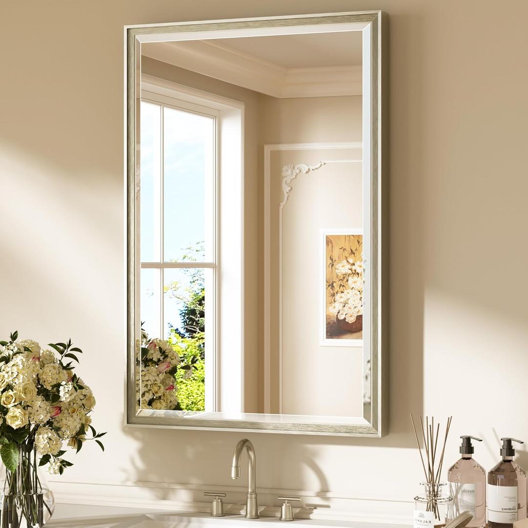 Keonjinn Brushed Nickel Bathroom Mirror 24" x 36", Sculpted Wide Frame, Tempered Glass Beveled Edge, Shatterproof, Silver Vanity Mirrors for Over Sink, Transitional Metal Framed Rectangle Mirror