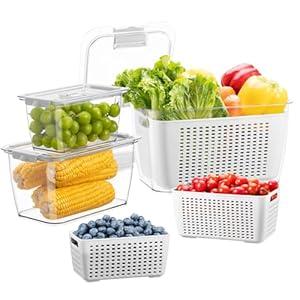 Fresh Fruit Vegetable Storage Containers, 3 Pack Produce Saver Container for Fridge with Lids &Removable Colander BPA-Free Refrigerator organizer for Fruit, Veggie Berry, Meat Keep Fresh Longer- Grey
