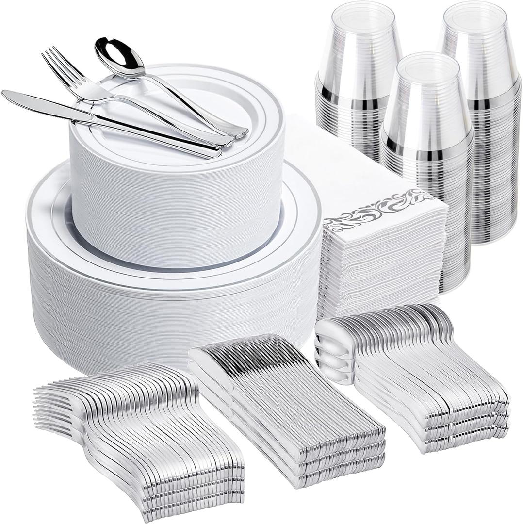 N9R 700PCS Silver Disposable Dinnerware Set for 100 Guests, White Plastic Plates with Silver Rim, Include 100 Dinner & Dessert Plates, Plastic Silverware Set, Cups, Napkins for Party and Wedding