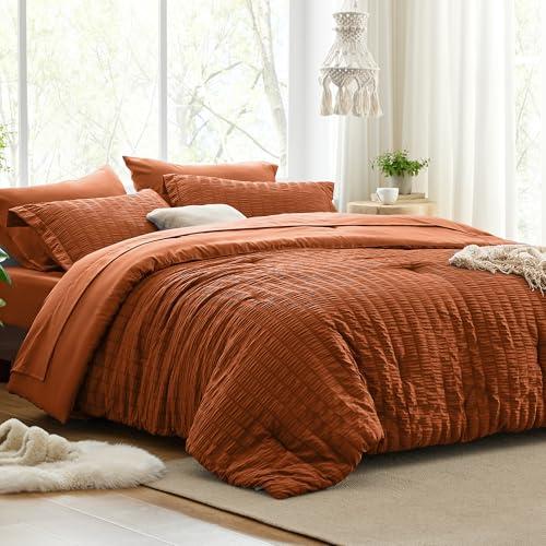 Love's cabin Seersucker Terracotta Queen Comforter Set, 7-Piece All Season Lightweight Bed in a Bag Bedding Set with Comforter, Flat Sheet, Fitted Sheet, Pillowcases and Shams