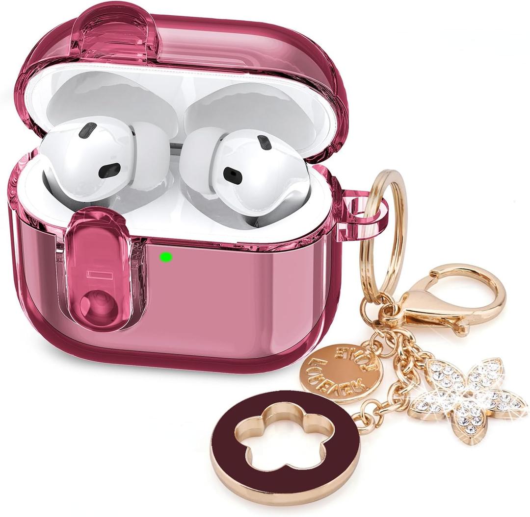 (with Lock) Clear Case Compatible for Cute Apple Airpods Pro1/2 Cases with Bling Keychain, VISOOM TPU Transparency Air pods Pro 1st 2nd Generation Earbuds Bling Keychain for iPod Pro2 1,Burgundy