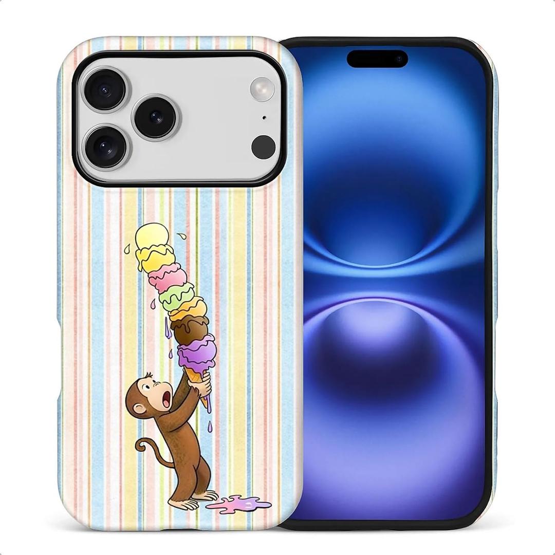 Case Compatible with iPhone 17 Pro, Girl Hybrid 2-Layer Hard Shell + Silicone Protective Case -Scratch-Resistant Shockproof - Colorful Stripes A Monkey Eating Ice Cream