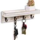 MyGift 10 Inch Floating Wall Shelf with Hooks, Whitewashed Wood Entryway Storage Shelf with 4 Metal Key Hooks
