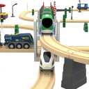 Z MAYABBO Wooden Train Set Accessories Wood Railway Bridge for Railroad Tracks, 2-Level Overpass Compatible for All Railway Tracks System