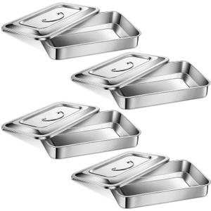 Fabbay 4 Medical Surgical Trays 201 Stainless Steel Dental Instruments Tray Organizer Holder Sterilized Metal Box with Lid and Handle Grip for Medical Surgical Dental Instruments (9 Inch)