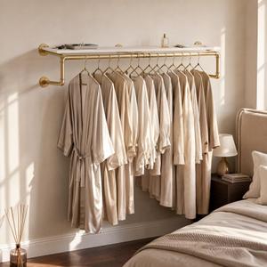 58 Inch Industrial Pipe Clothing Rack with Shelves, Wall Gold Clothes Racks