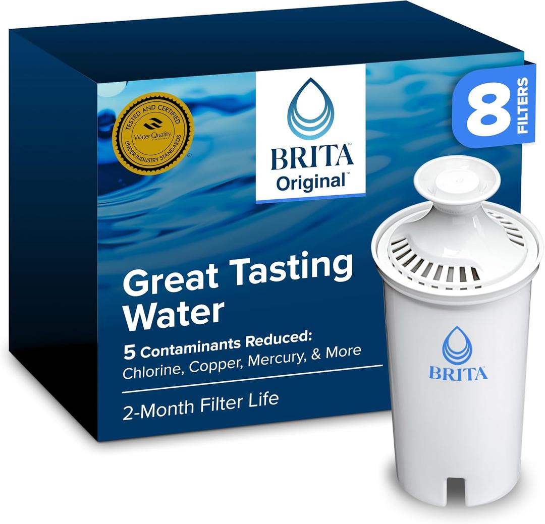 Brita Standard Water Filter for Pitchers and Dispensers, BPA-Free, Reduces Copper, Cadmium and Mercury Impurities, Lasts Two Months or 40 Gallons, Includes 8 Filters, White