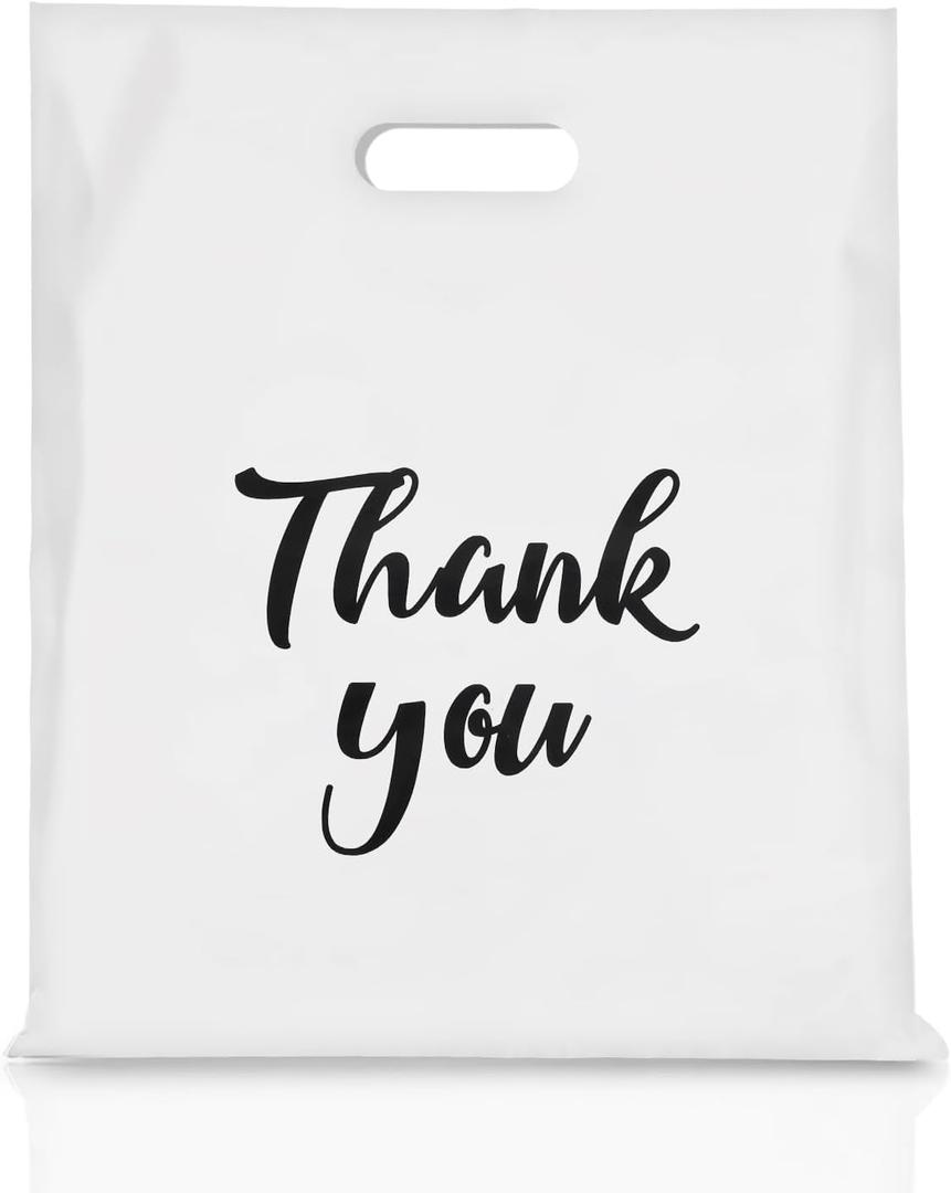 White Thank You Bags with Handles 100 Pack, 12 x 15 Inch 4.73 Mils Extra Thick Shopping Bags, Merchandise Retail Bags for Small Business Bulk (White)