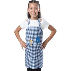 Kids Aprons for Cooking Waterdrop Resistant Aprons for Girl & Boy Toddler Apron for Painting, Gardening, Baking, Smock (Plaid Navy Blue, Medium (6-10 years)