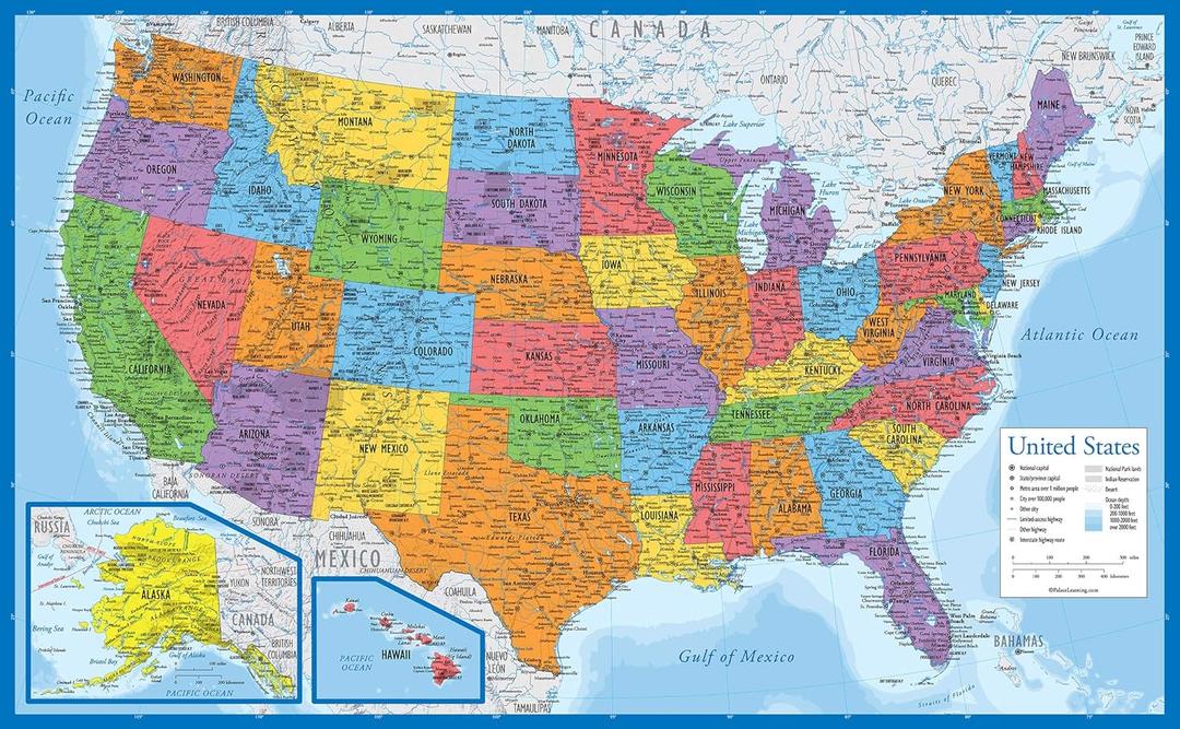 Palace Learning Laminated USA Map - 18" x 29" - Wall Chart Map of The United States of America - Made in The USA - Updated (Laminated, 18" x 29") (Blue)