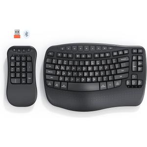 MEETION Ergonomic Wireless Keyboard with Separate Numeric Keypad, Wave Flexible 2-in-1 Setup for Multi-Device, 2.4G/Bluetooth Split Design with Wrist Rest for Accountants/Data Entry/Left-Handed User