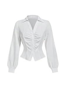Floerns Women's Button Down Shirts Ruched Bishop Sleeve Dressy Casual Blouse Top White Large