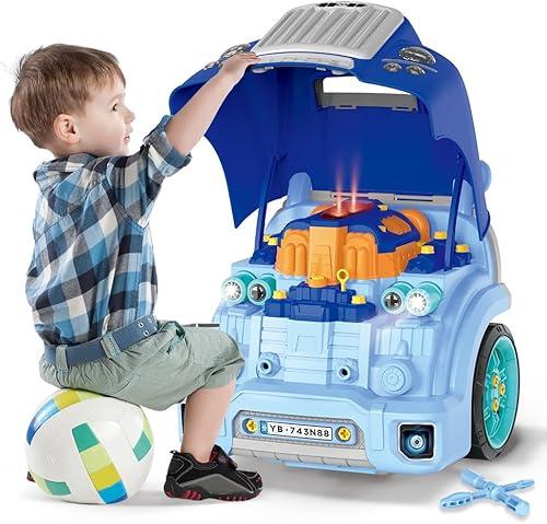 POFJOEQ Interactive Truck Engine Toy with Removable Parts - Lights, Sounds, and Fun for Young Mechanics -Unleash Their Creativity and Motor Skills with This Truck Engine Toy (Bule)