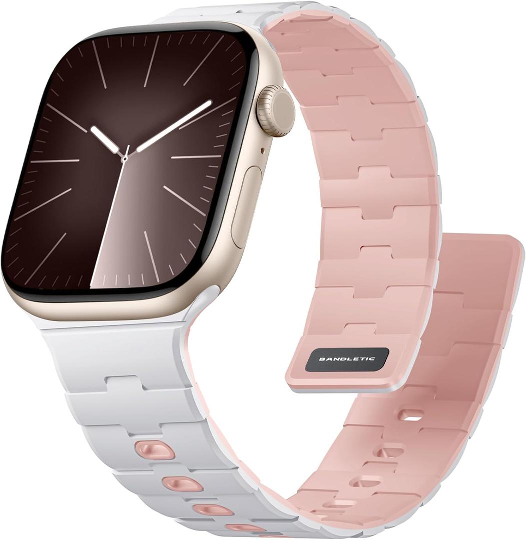 Bandletic Magnetic Silicone Watchband Compatible with Apple Watch Band 44mm 45mm 46mm 49mm 42mm 41mm 40mm 38mm Men Women, Strong Magnet Sport Strap for iWatch Series 11 10 9 8 7 6 5 4 Ultra SE 3 2 1 (White/Pink)