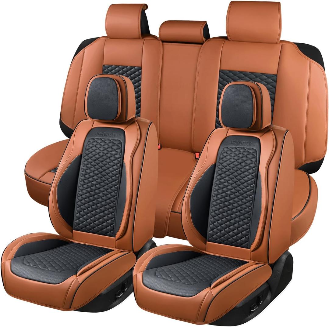 Car Seat Covers Full Set, Leather Seat Covers for Cars, Breathable Seat Cover, Suitable for SUV/Truck/Sedan/Automotive (Brown, 5 Piece)