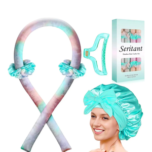 2 x Heatless Hair Curler for Overnight Curls | No Heat Curling Rod Set with Satin Bonnet | Sleep-In Safe Blowout Rods for Frizz-Free Waves Green Tie Dye