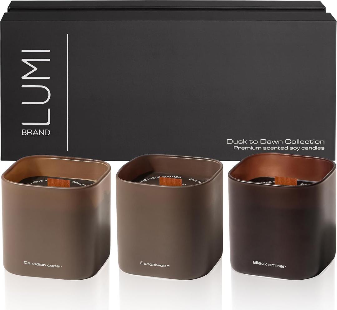 Set of 3 Premium Scented Soy Candles Gift Set | Dusk to Dawn Collection - Canadian Cedar, Black Amber & Sandalwood | Crackling Wood Wick | Luxury Candles for Relaxation, Home Dcor, Gifts | 9.8oz Each