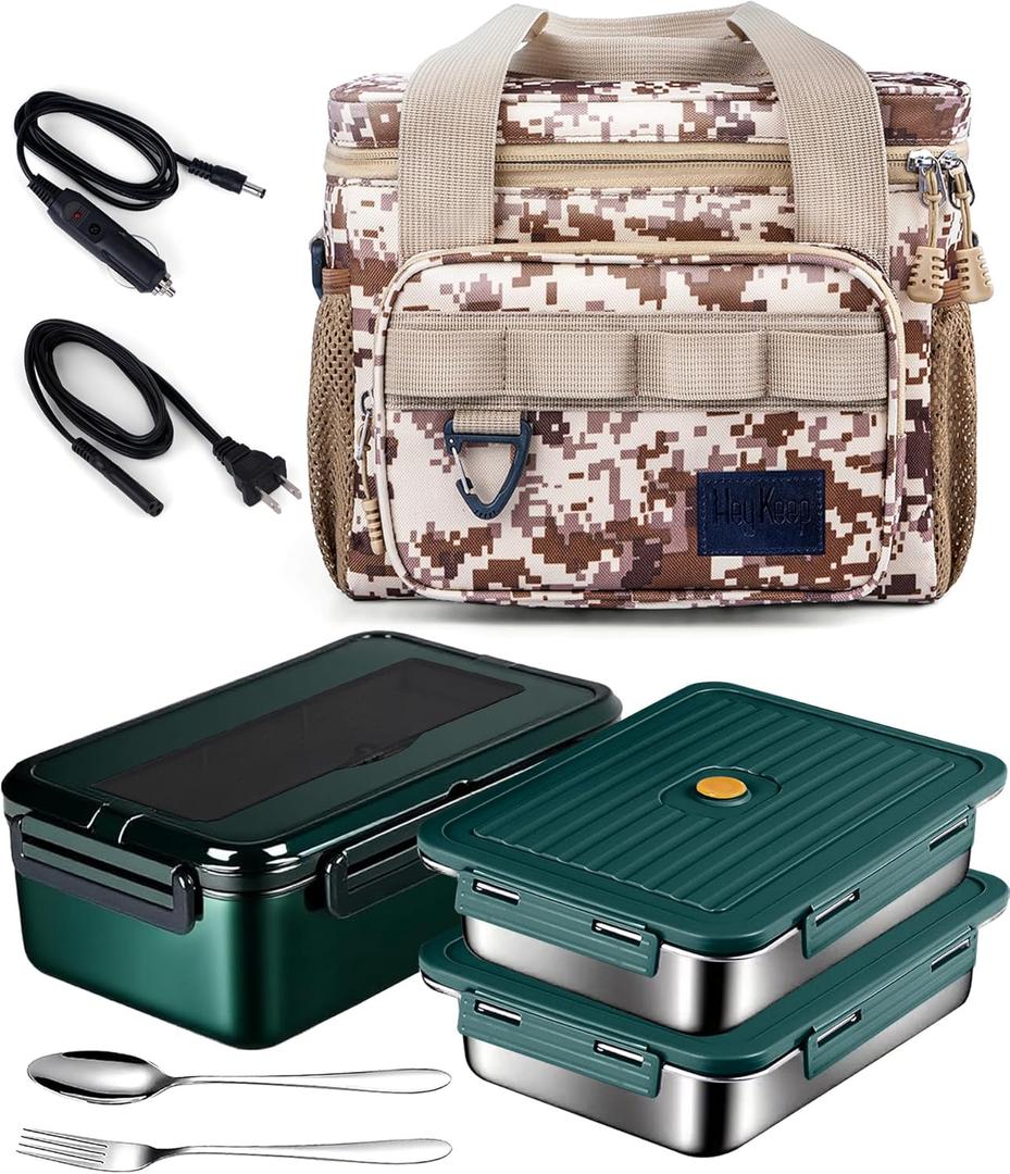 Electric Lunch Box 12v/24v/110v Heated Lunch Boxes for Adults Men Work Car Truck, 60-oz Portable Food Warmer Heating Lunchbox 80w Food Heater with Insulated Lunch Bag
