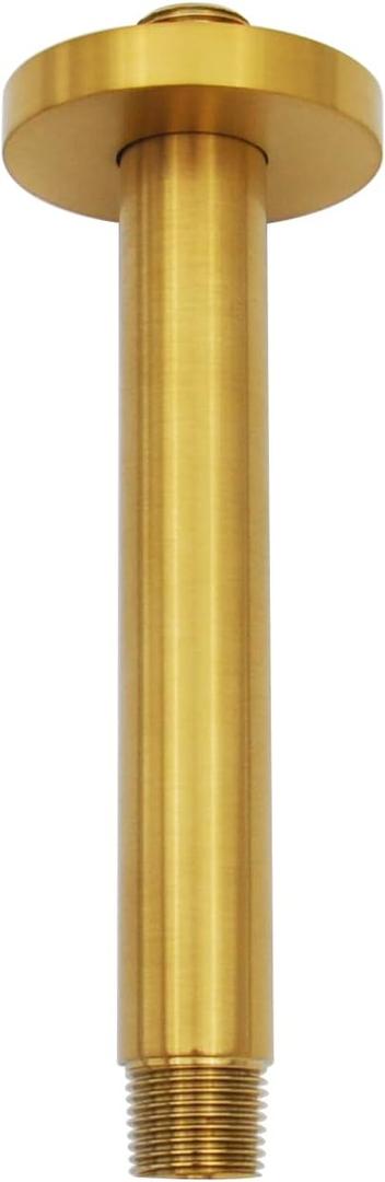 Aquaiaw Shower Arm and O-Ring Flange, 6 inch, Solid Brass, Round, Both Soldered 1/2 NPT Tapered Threads, Straight Shower Arm Extension, Ceiling Shower Head Arm for Rainfall Shower (Brushed Gold)