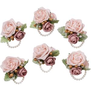 Meldel Dusty Pink Wrist Corsage,Set of 6, Homecoming Wrist Flower Girl/Mother Corsages Wristlet Perfect for Bride Bridesmaids Wedding Guests Hand Flower, Proms, Party, Ceremony Anniversary