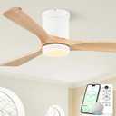 52 Inch Flush Mount Ceiling Fans with Lights, Low Profile Smart Ceiling Fan, Alexa & Remote Control, High CFM Reversible BLDC, White Natural Wood 3 Blade Indoor Outdoor Ceiling Fans for Bedroom Patios