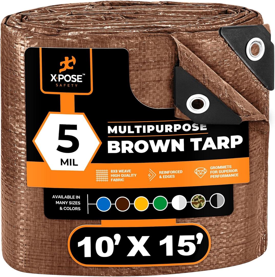 Multipurpose Protective Cover Brown Poly Tarp 10' x 15' - Durable, Water Resistant, Weather Resistant - 5 Mil Thick Polyethylene - by Xpose Safety