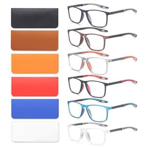 BLOEXCLU 6 Pack Reading Glasses for Men Sports Style Blue Light Blocking Readers with Spring Hinge Women Eyeglasses (Black & red & Brown & Orange & Blue & transparent, 1.5, x)