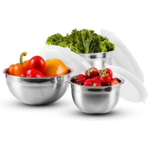 OVENTE Mixing Bowl Set with Lids, 3-Piece Stainless Steel Nesting Bowls for Easy Food Storage, Stackable Design, Kitchen Essential for Baking, Cooking and Prepping, Size 5, 3.5, 1.5QT, Silver BM46333S