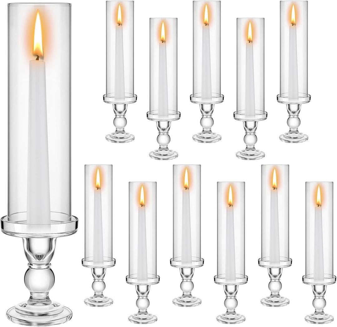 Havawish 12 Pcs Glass Candle Stick Holder 13.8 Inch Tall Hurricane Clear Holders Taper Candles Stands with Open Ended Chimney Tube for Wedding Party Decoration