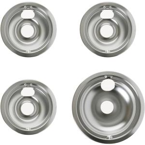 GE Stove Drip Pans | Electric Stove Burner Drip Pans | 4 Piece Set, 3-6" and 1-8" Drip Pan Kit | 119204XZ Style B Chrome Range Replacement Stove Burner Bowls