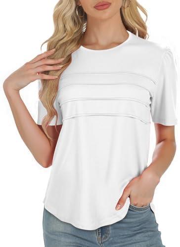 Short Sleeve Shirts for Women, Trendy Spring Summer Tops, Dressy Casual Blouses, Flowy Pleated Scoop Neck Work Outfits L