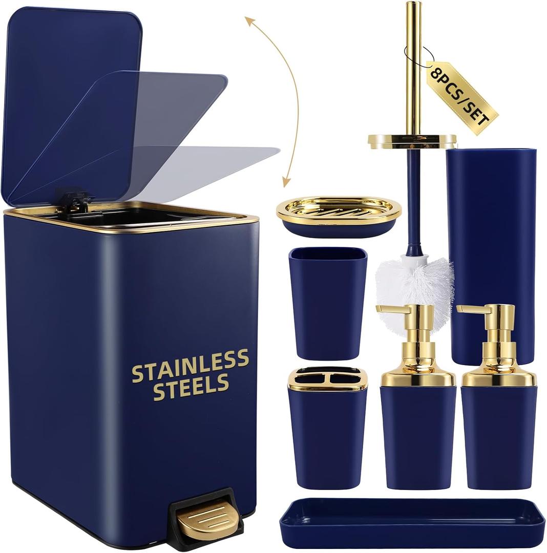 Navy Blue Bathroom Accessories Set 8 Piece Navy Blue and Gold Bathroom Set, Bathroom Sets with Stainless Steel Garbage Can,Toilet Brush,Toothbrush Set,Soap Dispenser