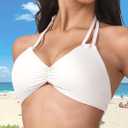 AJISAI Womens Halter Bikini Top Triangle V Neck Bathing Suit Top Low Impact Padded Sports Bra (Beige, M)