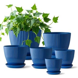7.5/6.5/5.5/4.9/4.2/3.5 Inch Plant Pots with Saucers & Drain Holes - Indoor/Outdoor Flower Pots for Succulents, Herbs, Cactus - Modern Lightweight Durable Planter Set, Blue