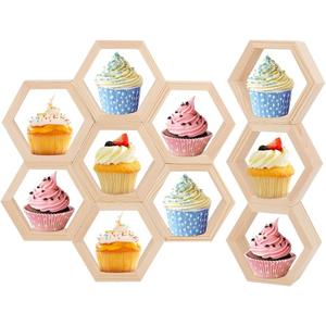 PH PandaHall 10pcs Mini Honeycomb Cupcake Stand Honeycomb Shelves Hexagon Cake Display Holder Wooden Dessert Display Table Sign Stand with Tapes for Birthday Party 4.1x3.5 inch