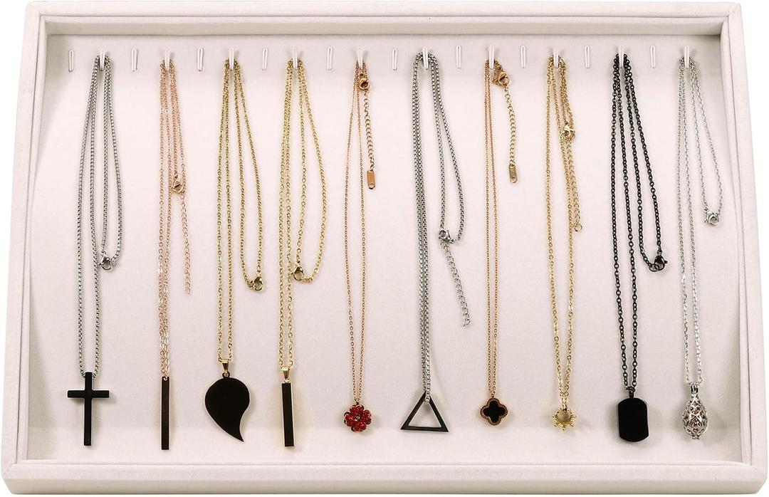 Mornajina 20 Hooks 13.8" x 9.5" Necklace Jewelry Tray Velvet Jewelry Display Tray, Stackable Necklace Holder Organizer Tray Necklaces Chain Bracelet Display Storage Trays - Beige