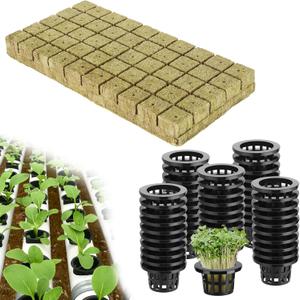 50Sets 1in Rockwool Cubes for Hydroponics with Net Pots - Rock Wool Planting Cubes 50 Plugs & 50 Plant Net Cups for Rooting Clone Plants Aquaponics Growing System Vertical Garden Tower Supplies